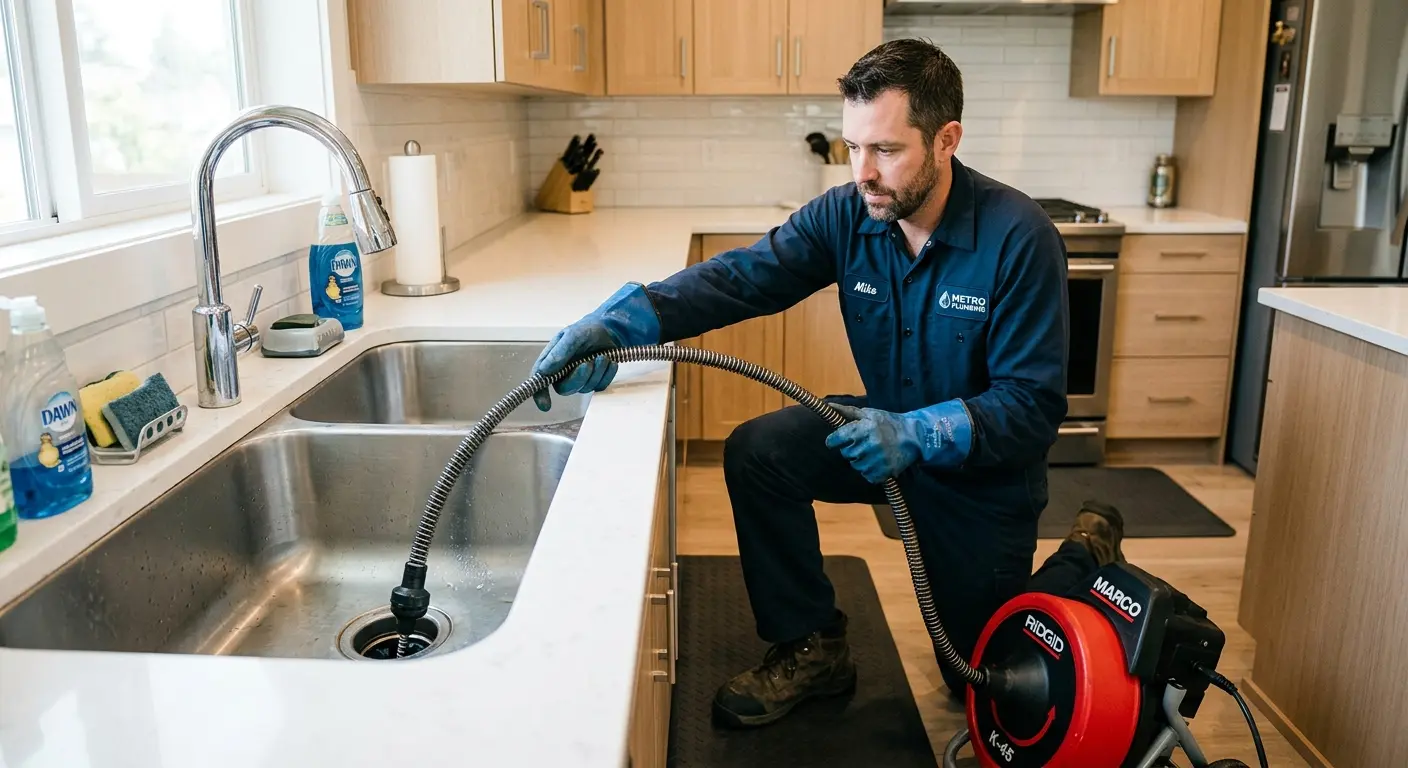 Drain cleaning technician using a motorized snake on a kitchen sink in Mount Arlington