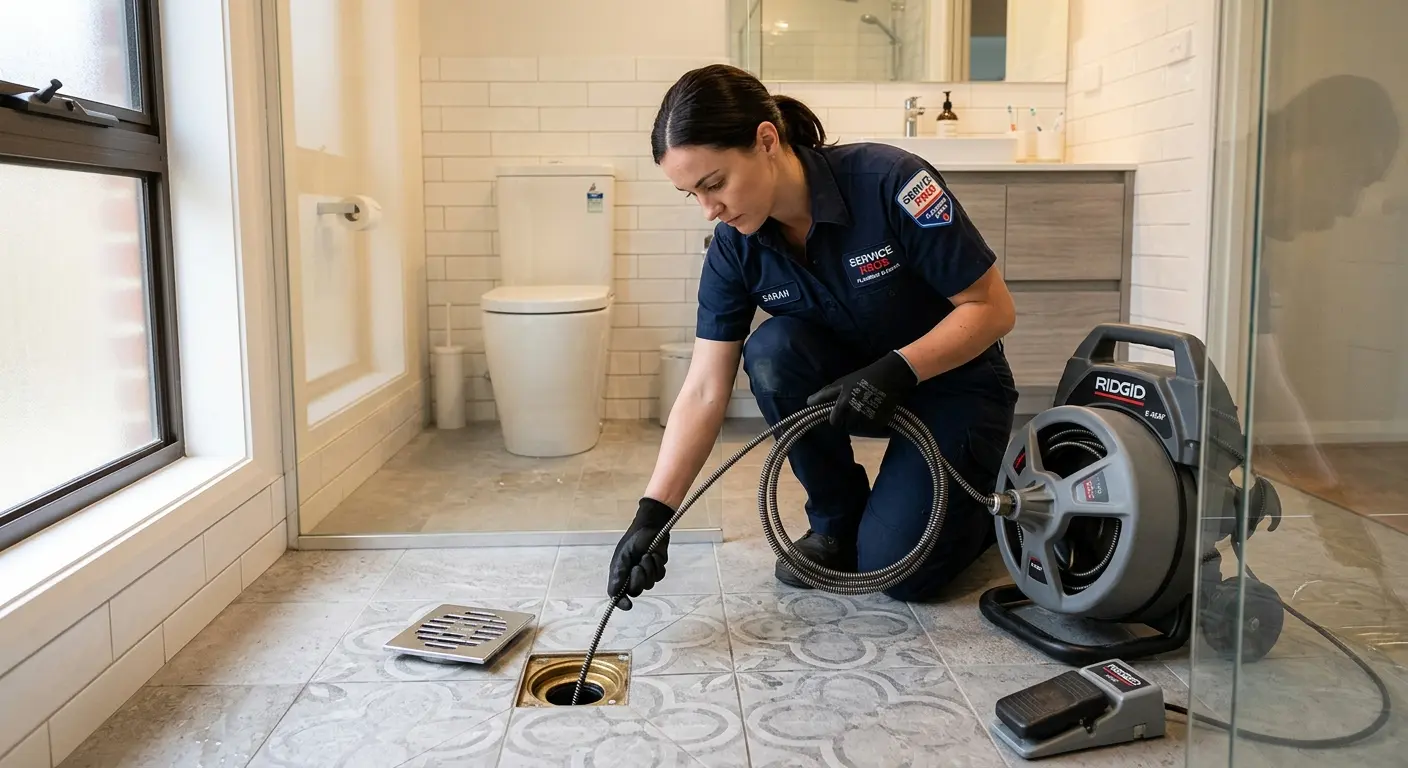Technician clearing a bathroom floor drain for Hydro Jetting in Mount Arlington